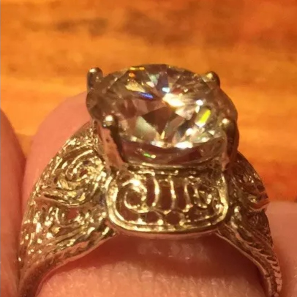 Huge Moissanite 4ct.+ Ring Silver Filigree Setting